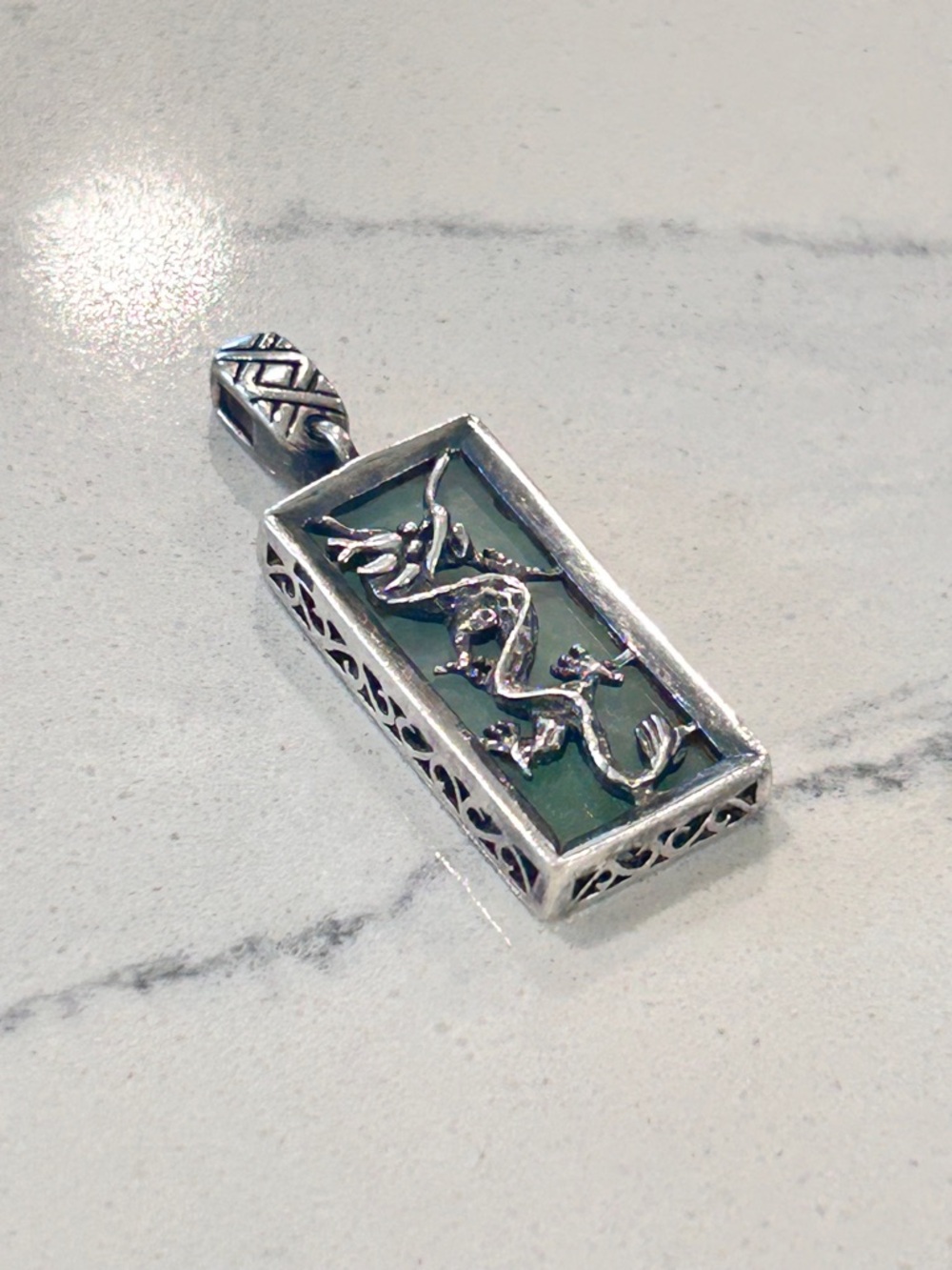 Sterling Silver & Jade Filigree Dragon Pendant